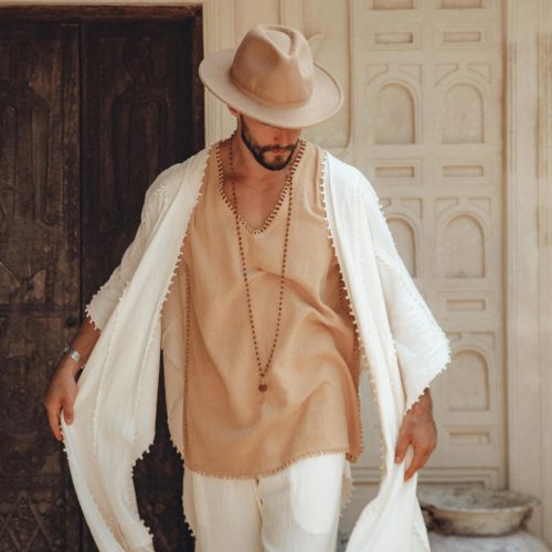 Light Beige Festival Top Men Minimalist Baggy Tribal