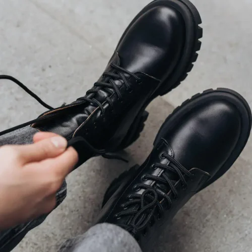 Handmade Black Leather Work Boots Lace Up Combat