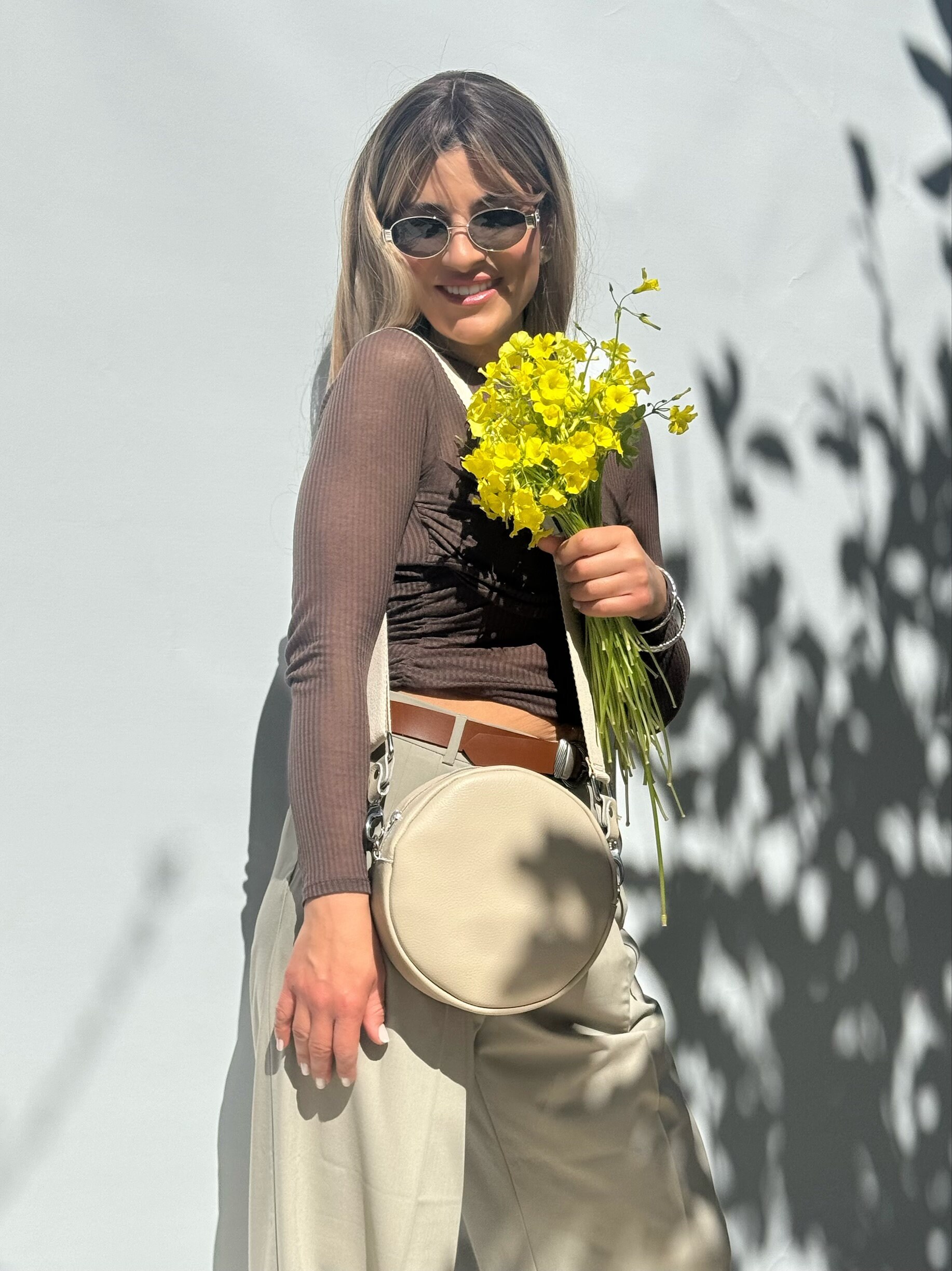 Round Purse Crossbody Bag Beige Shoulder Women Handbag