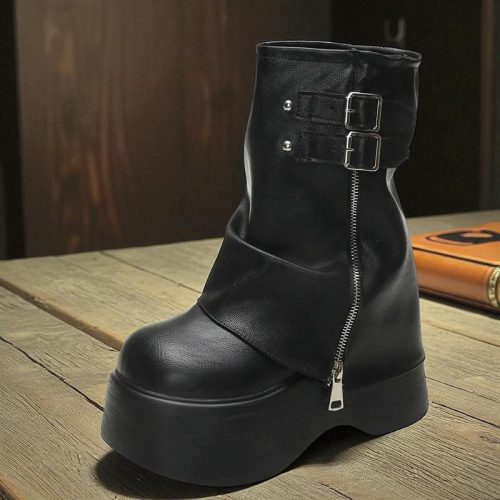 Punk Motorcycle Boots: Chunky Heel Platform Belt Buckle