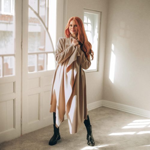 Powder Beige Wool Cardigan Coat: Asymmetrical Wrap Jacket